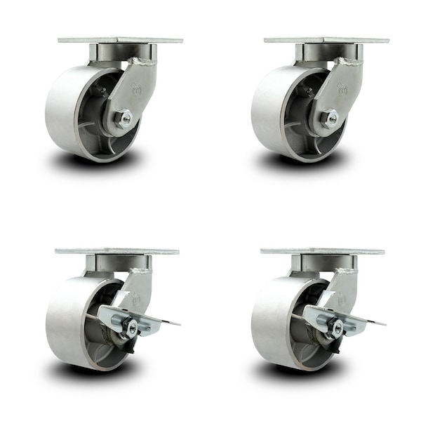 6 Inch Heavy Duty Semi Steel Cast Iron Wheel Swivel Caster Set with 2 Brakes